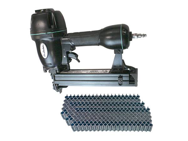 Pneumatic corrugated fastener tool for collated corrugated nail installation.
