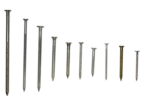 There are ten ring shank nails with different sizes.