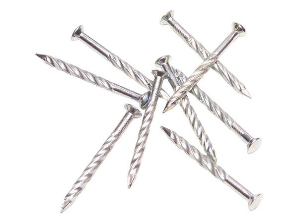 There are nine galvanized steel screw nails.